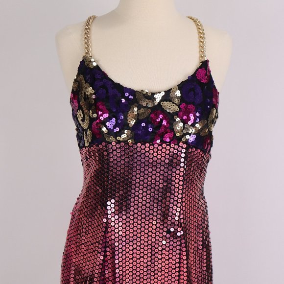❄ Vtg 80's Sequin Bodycon Dress Gold Chain Straps Party Cocktail Wedding Prom - Picture 4 of 6